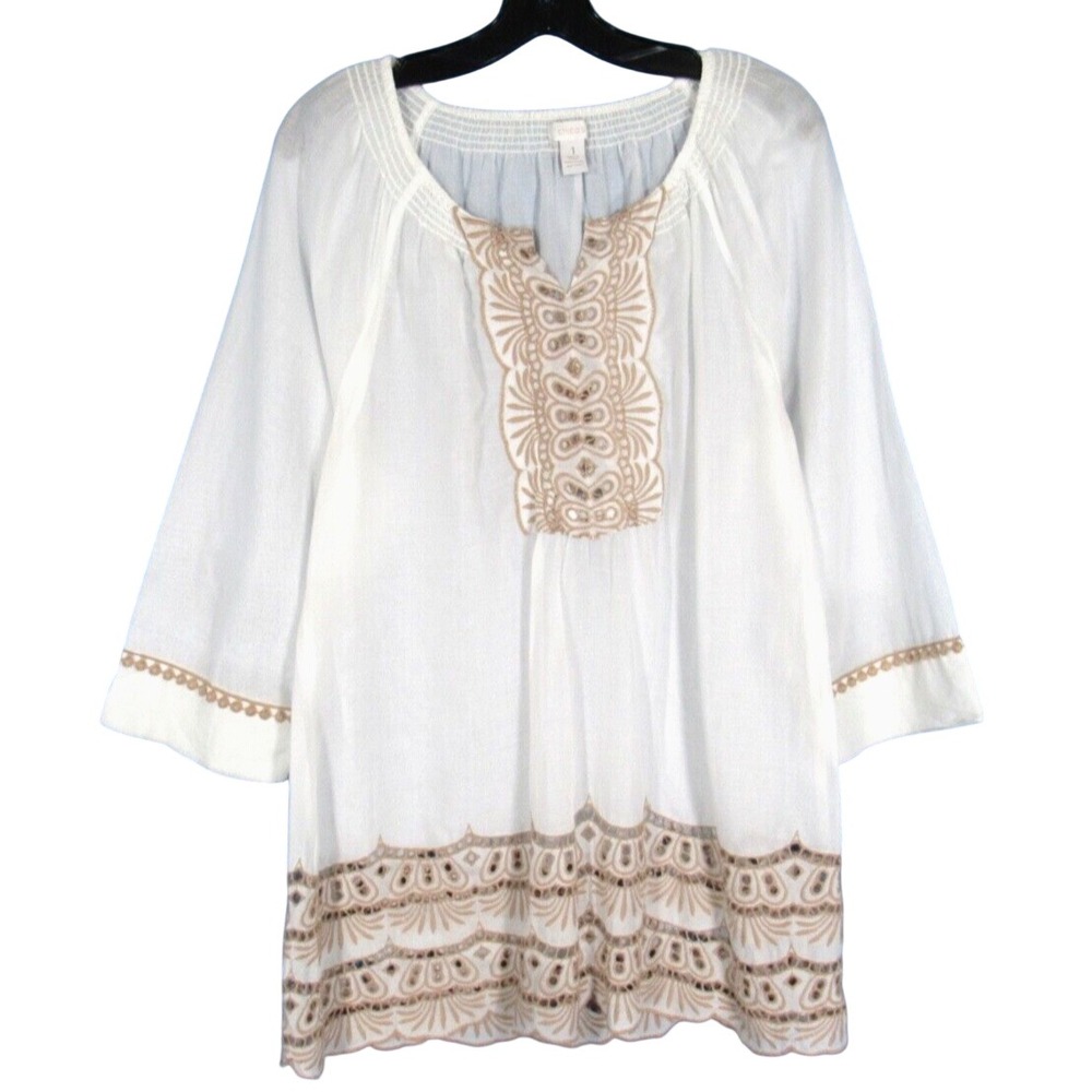 CHICO'S White w/Beige THIN TWILL Embrodiered EYELET LACE 3/4 Slv TUNIC TOP 1/M